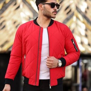 Red and Black Quilted Bomber Jacket with Ribbed Details